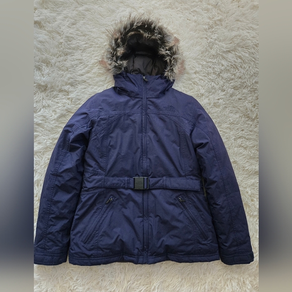 The North Face Women's Belted Hooded Down Puffer Jacket Blue Size M Winter Coat - Picture 1 of 14